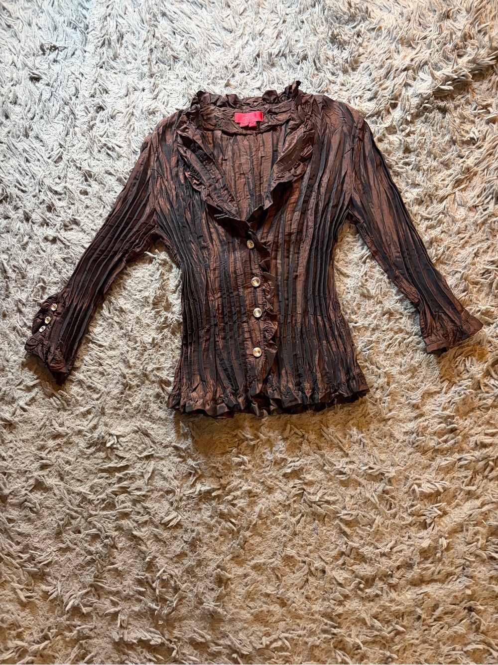 Vintage Y2K Carina brown ruffled crinkle rhinestone button up blouse sz M